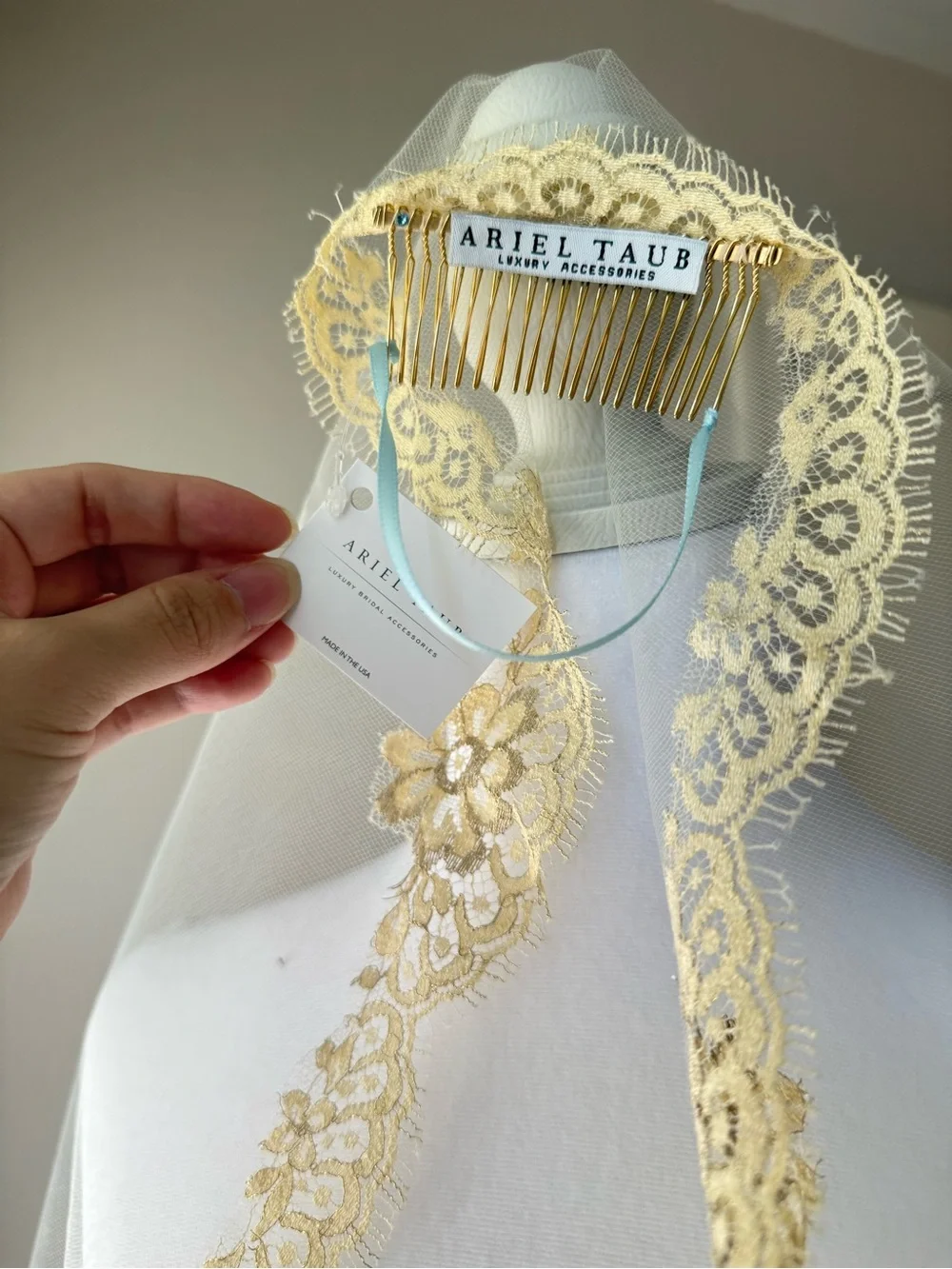 Ariel Taub Delphine Metallic Gold Chantilly Lace Mantilla Veil Chapel Length 90”